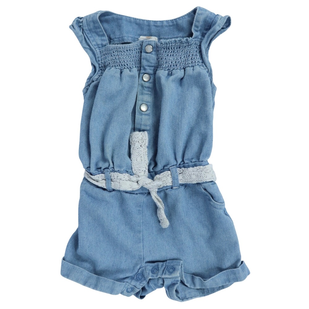 Starting Out Blue Denim Romper Smocked Lace Belt Girls Sz 18M Cottagecore Summer